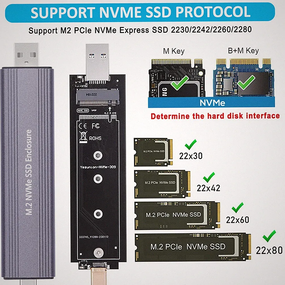 M.2 NVMe Case SSD To USB 3.1 +Type C 3.0 External Hard Drive Enclosure Converter